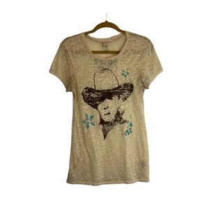 8241 Ranch Cowboy Burnout Tee Short Sleeve Tan Western Top Juniors Size L
